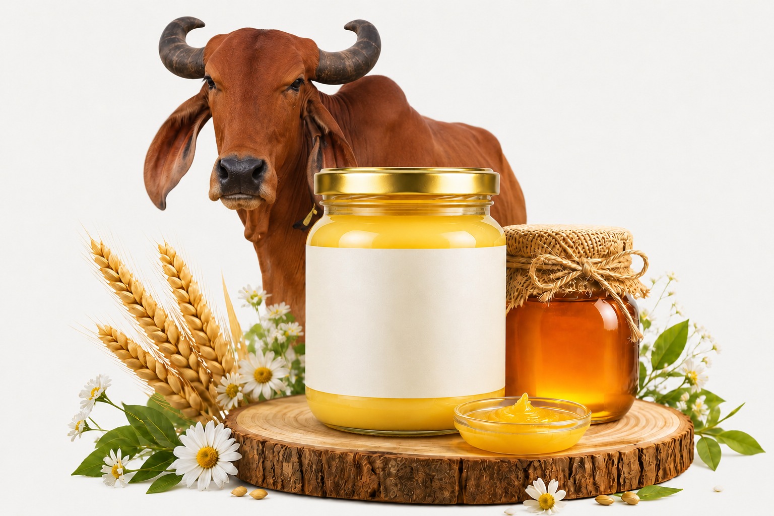 White Gir cow with jars of golden ghee and honey, wheat and daisies