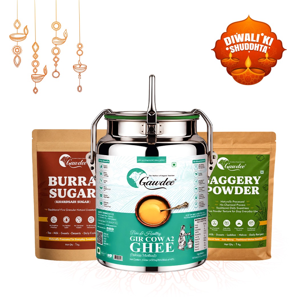 Gawdee Festive Family Pack – 5 Litre Gir Cow A2 Ghee + 1 kg Jaggery Powder + 1 kg Burra Sugar FREE