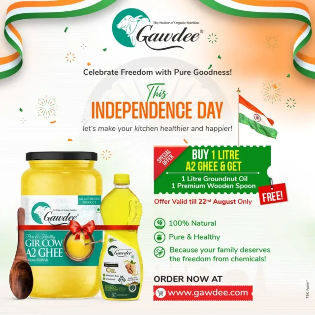 🎉 Double Celebration, Double Goodness!
This Independence Day & Krishna Janmashtami, bring home the pure taste of tradition with Gawdee Gir Cow A2 Ghee 🐄💛

✨ Special Festive Offer ✨
Buy 1 Litre Gir Cow A2 Ghee & Get:
✅ 1 Litre Groundnut Oil – FREE
✅ 1 Premium Wooden Spoon – FREE
Offer valid till 22nd August only!

💚 Why Choose Gawdee A2 Ghee?

100% Natural & Chemical-Free 🌿

Rich in nutrients, supports digestion & immunity

Perfect for cooking, puja, sweets & prasadam preparation

Freshly made using Bilona Method for maximum purity

Whether you’re making Janmashtami bhog for Kanha or cooking festive delicacies for your family, make it healthy, pure, and full of love.

📦 Order Now: www.gawdee.com
🚚 Delivery Across India

{ A2 Ghee, Gir Cow Ghee, Pure Desi Ghee, Janmashtami Offer, Independence Day Offer, Ghee for Pooja, Bilona Ghee, Natural Ghee, Ghee Online India, Organic Ghee, Krishna Janmashtami Bhog }

#GawdeeGhee #A2Ghee #GirCowGhee #PureDesiGhee #BilonaGhee #OrganicGhee #FestivalOffer #IndependenceDayOffer #JanmashtamiSpecial #KrishnaJanmashtami #HealthyCooking #PoojaEssentials #ChemicalFreeGhee #MadeInIndia #IndianTradition #PureAndHealthy #GheeLovers #IndianSweets #HealthyLivingIndia #FestiveCooking